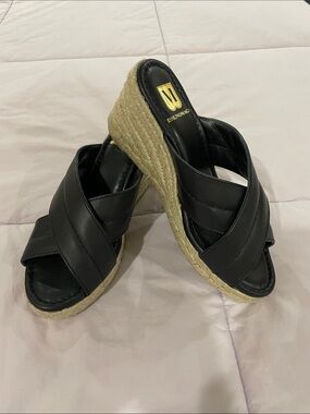 Bruno Magli Black Leather Crossover Espadrille Wedge Slides